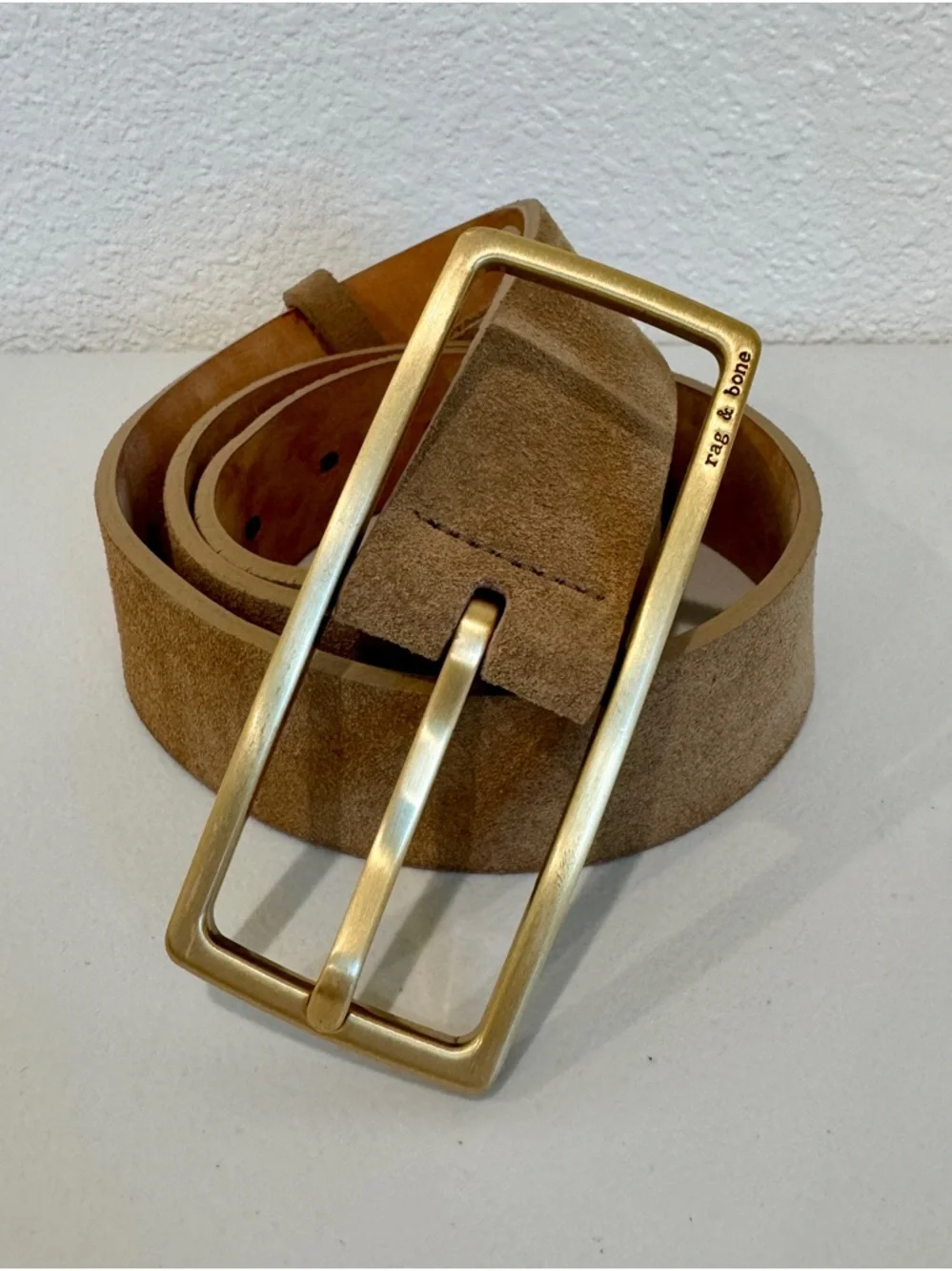 Women’s Rag & Bone Rebound Suede Belt Camel Gold Buckle XS Luxury Minimalist - Picture 2 of 7